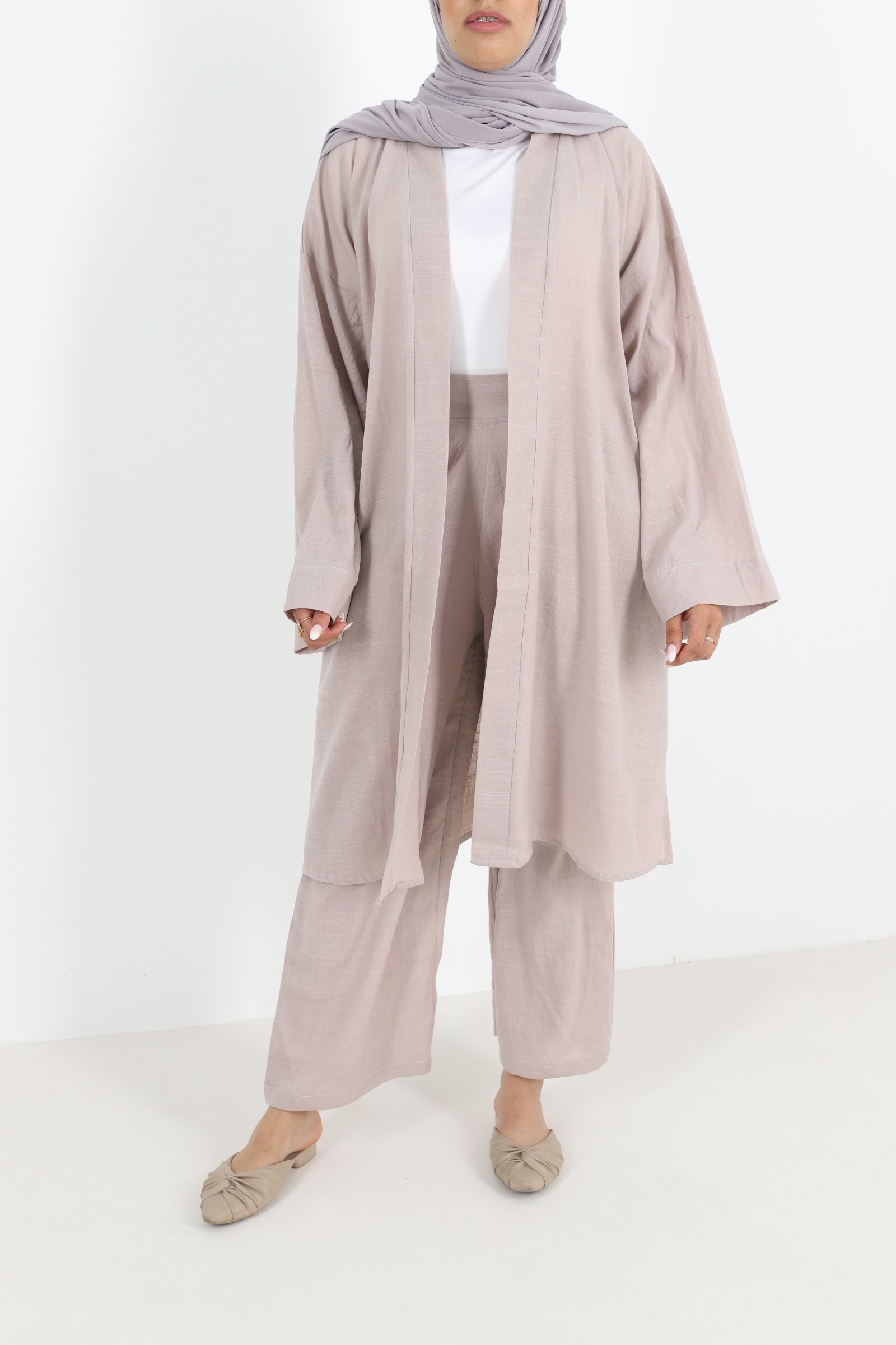 Ensemble pantalon et kimono en lin tenue hijab pour femme musulmane
