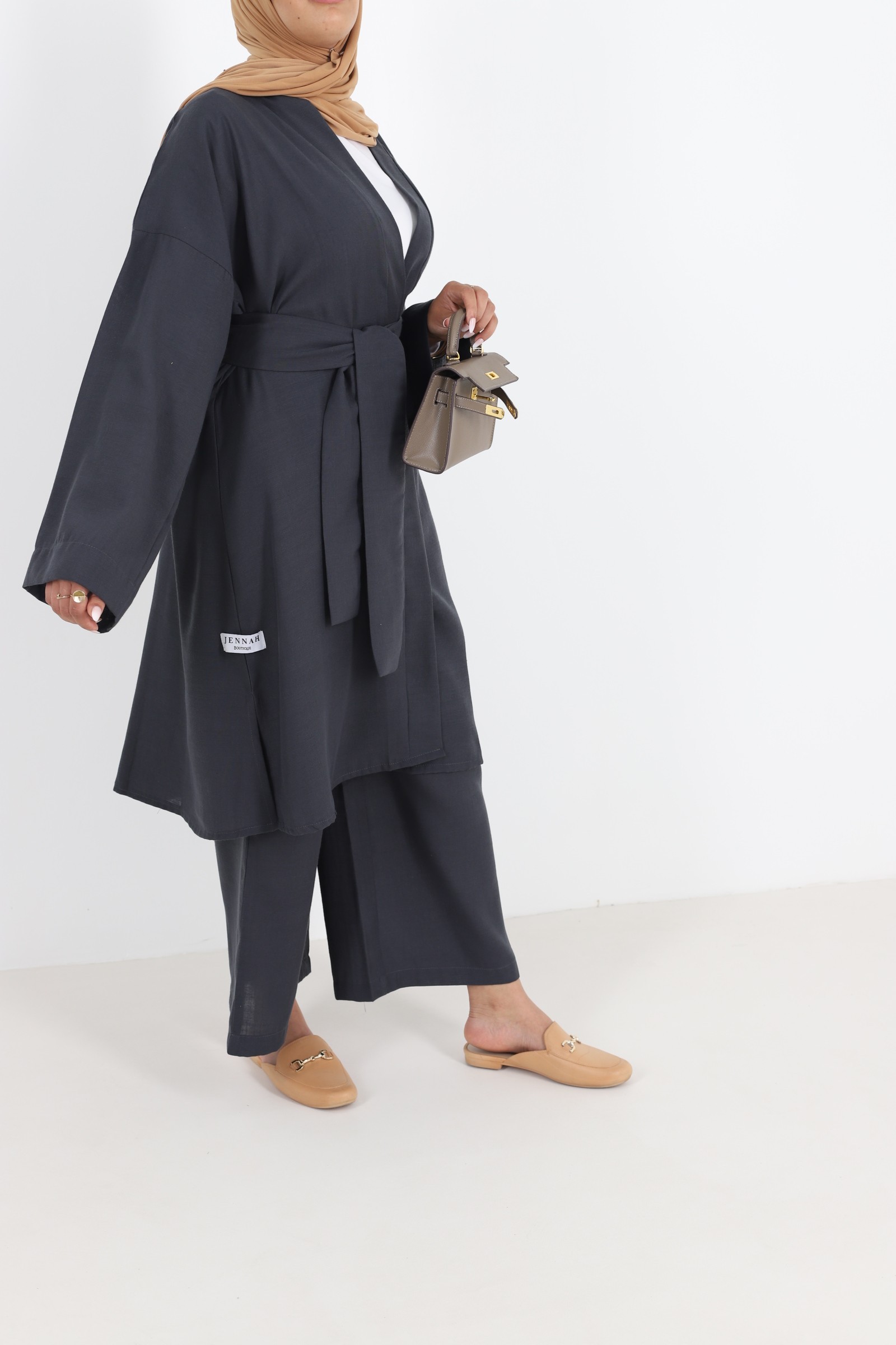 Ensemble pantalon et kimono en lin tenue hijab pour femme musulmane