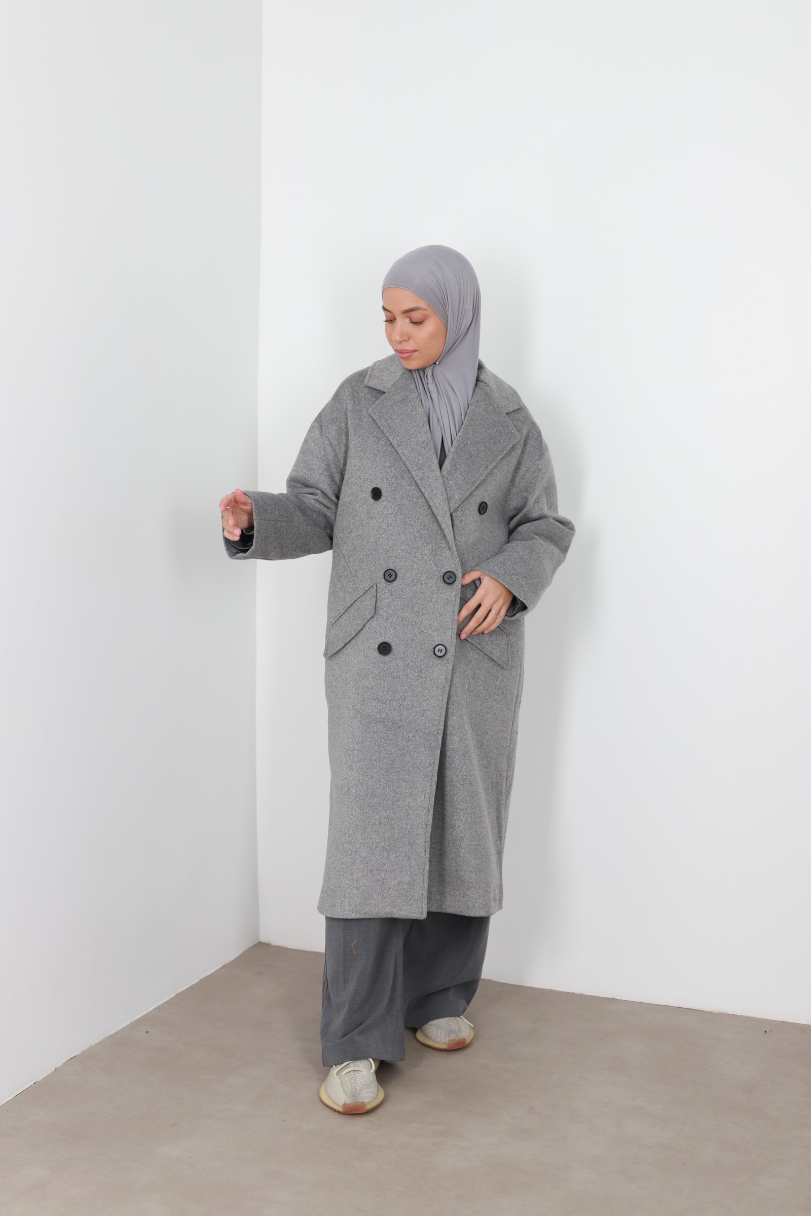 Dark gray double-breasted wool coat
